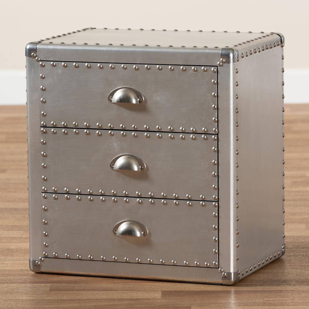 Baxton Studio Armel French Industrial Silver Metal 3-Drawer Nightstand. Picture 18
