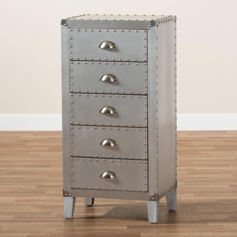 Carel French Industrial Silver Metal 5-Drawer Accent Storage Cabinet. Picture 17