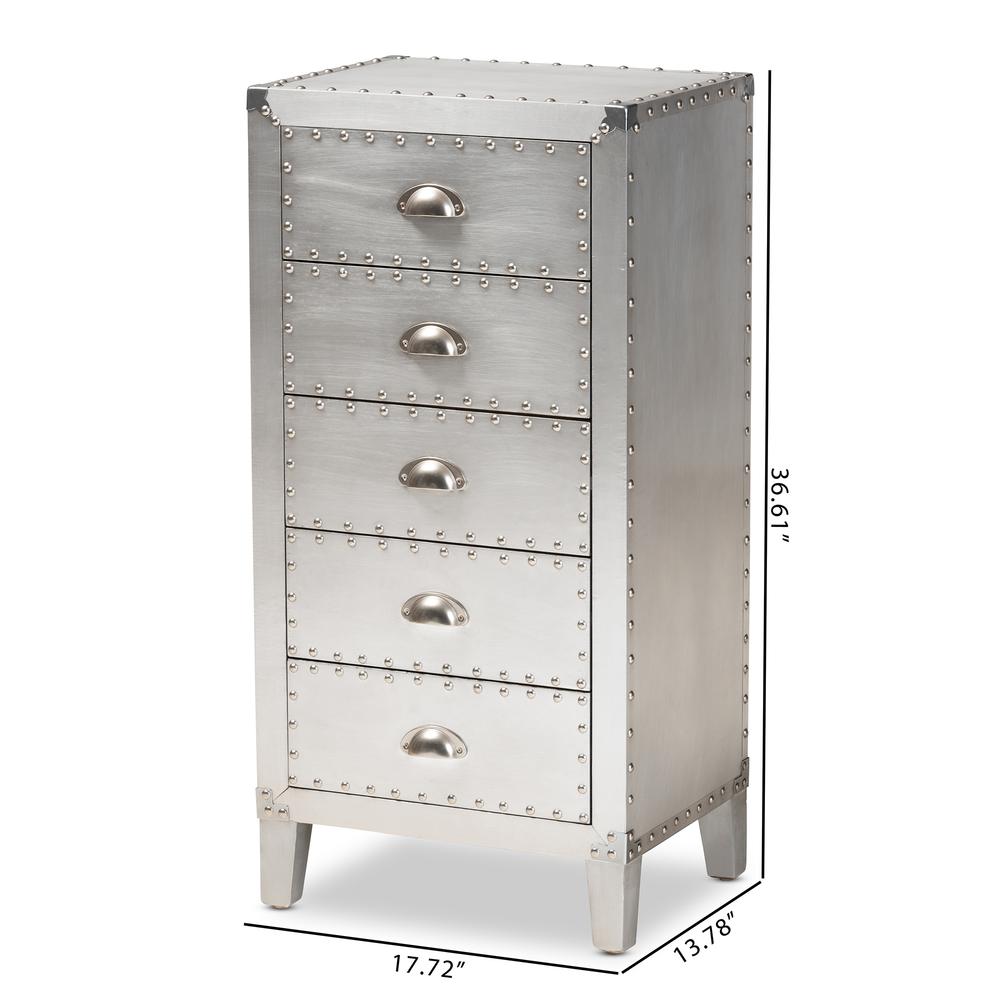 Carel French Industrial Silver Metal 5-Drawer Accent Storage Cabinet. Picture 18