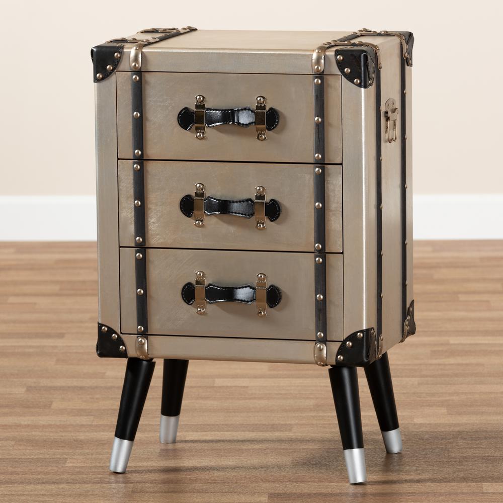 Baxton Studio Dilan Vintage Industrial Antique Silver Finished Metal Trunk Inspired 3-Drawer Nightstand. Picture 24