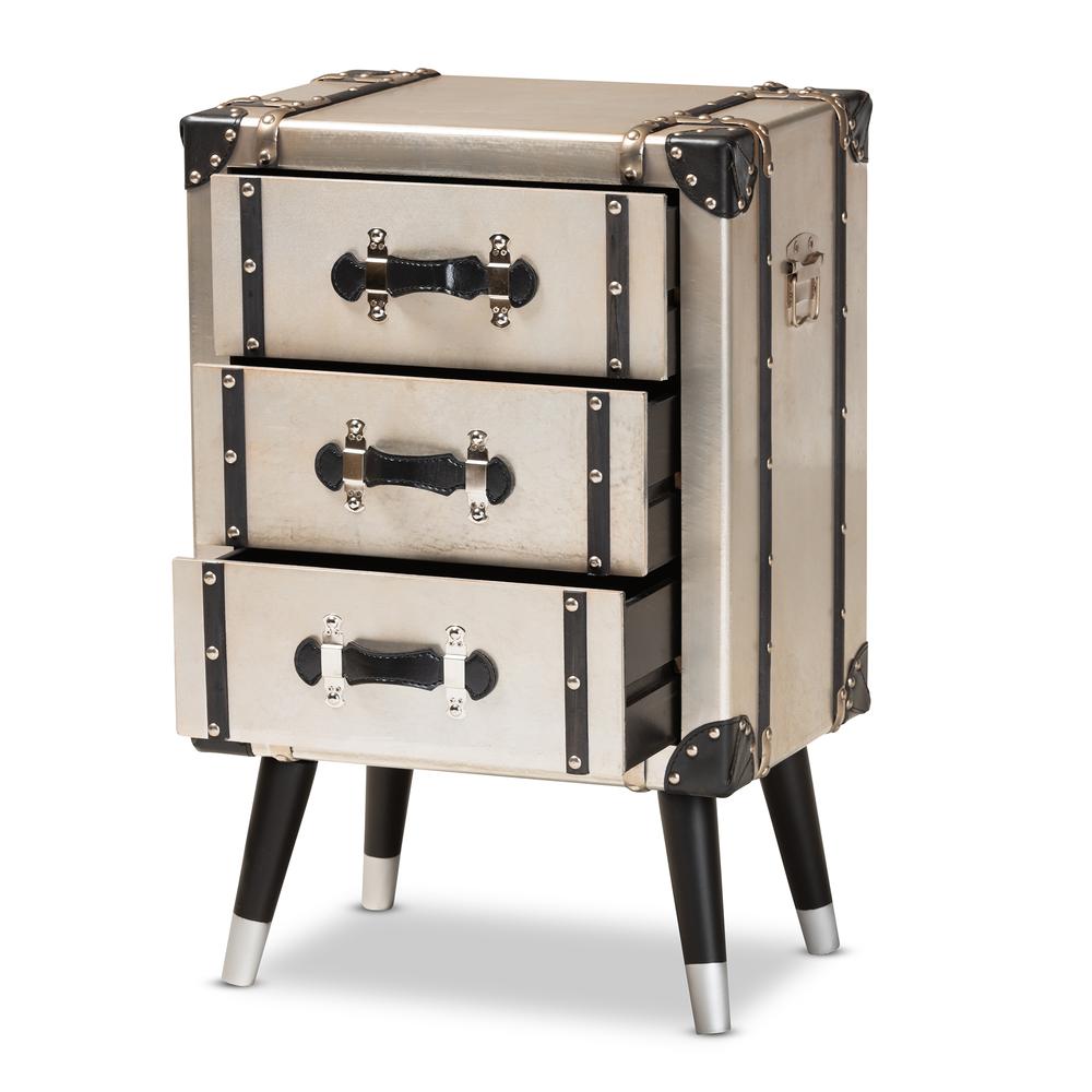 Baxton Studio Dilan Vintage Industrial Antique Silver Finished Metal Trunk Inspired 3-Drawer Nightstand. Picture 15