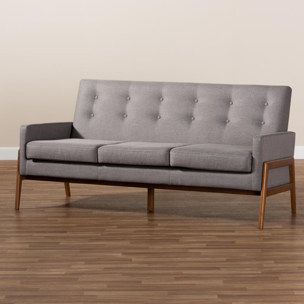 Baxton Studio Perris Mid-Century Modern Light Grey Fabric Upholstered Walnut Finished Wood Sofa. Picture 18