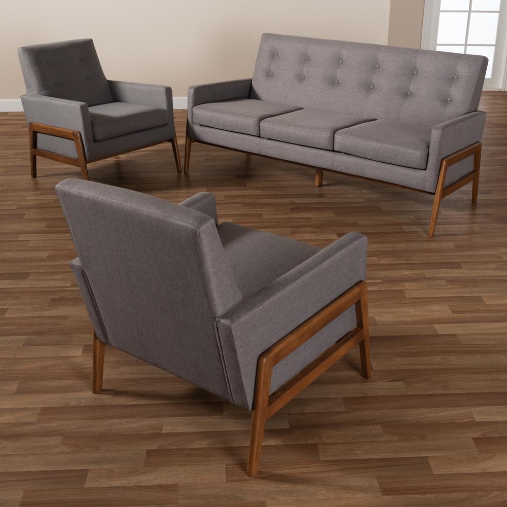 Light Grey Fabric Upholstered Walnut Finished Wood 3-Piece Living Room Set. Picture 15