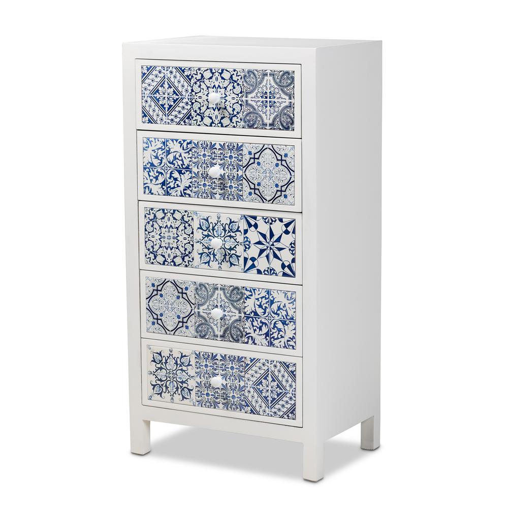 Alma Spanish Mediterranean Inspired White Wood and Blue Floral Tile Style 5-Drawer Accent Storage Cabinet. Picture 11
