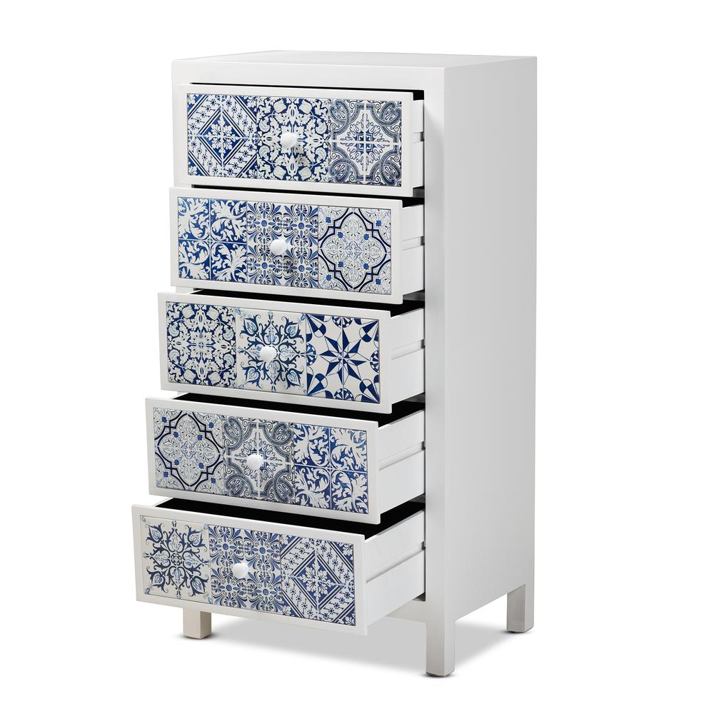 Baxton Studio Alma Spanish Mediterranean Inspired White Wood and Blue Floral Tile Style 5-Drawer Accent Chest. Picture 12