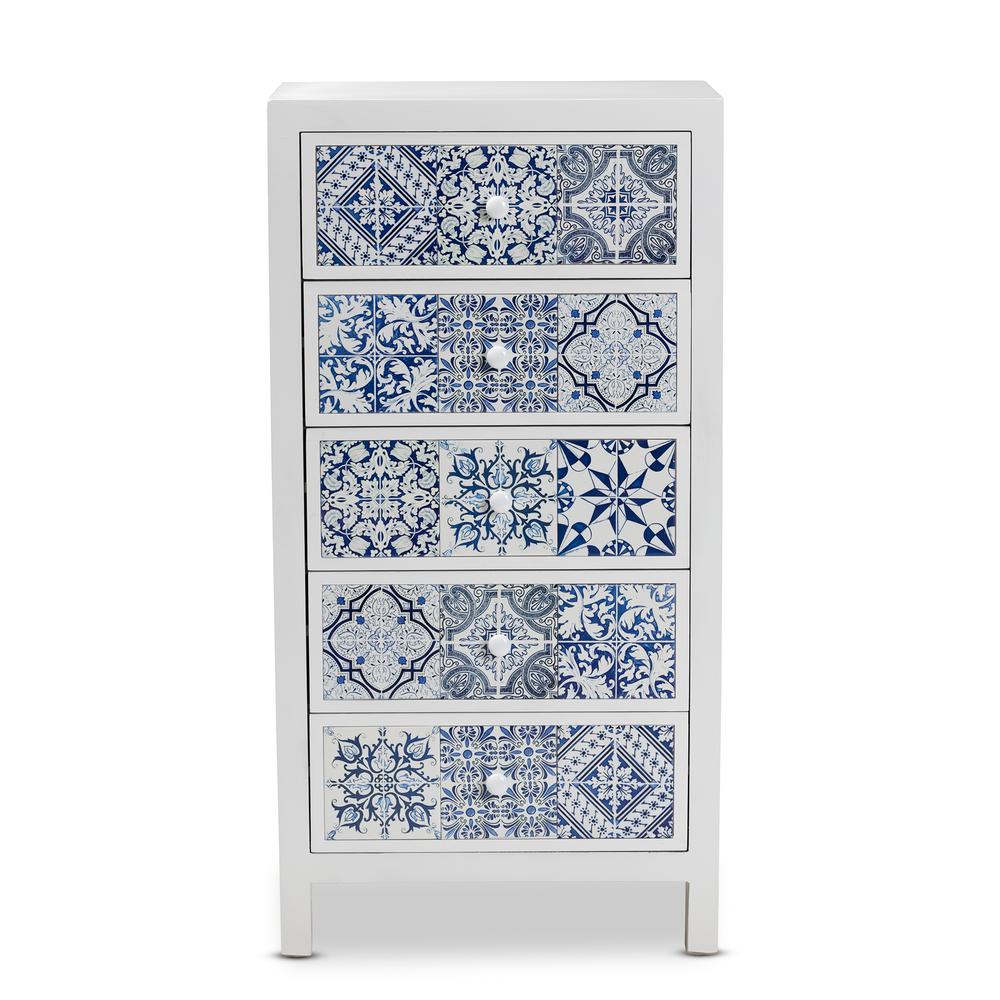 Baxton Studio Alma Spanish Mediterranean Inspired White Wood and Blue Floral Tile Style 5-Drawer Accent Chest. Picture 13