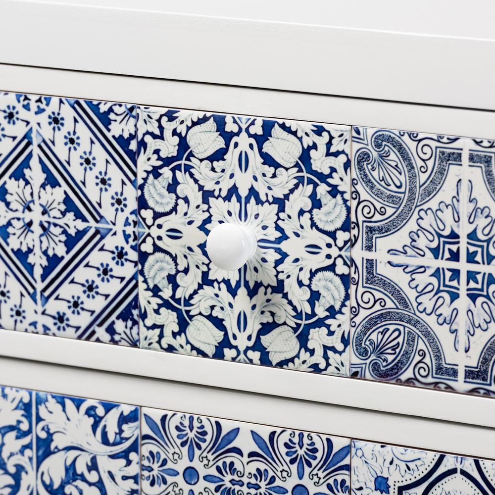 Alma Spanish Mediterranean Inspired White Wood and Blue Floral Tile Style 5-Drawer Accent Storage Cabinet. Picture 16
