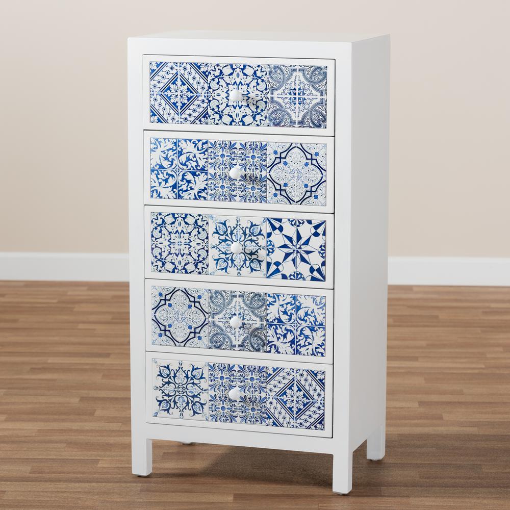 Baxton Studio Alma Spanish Mediterranean Inspired White Wood and Blue Floral Tile Style 5-Drawer Accent Chest. Picture 18