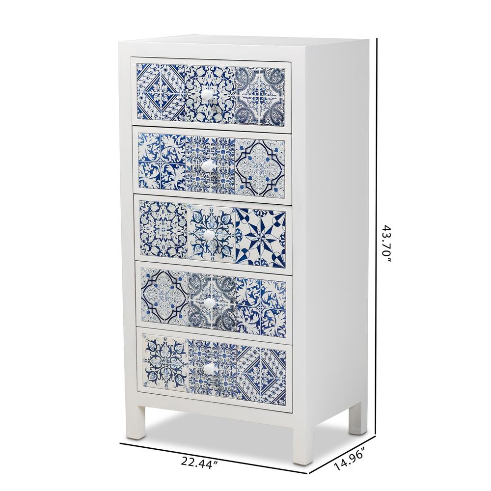 Alma Spanish Mediterranean Inspired White Wood and Blue Floral Tile Style 5-Drawer Accent Storage Cabinet. Picture 19