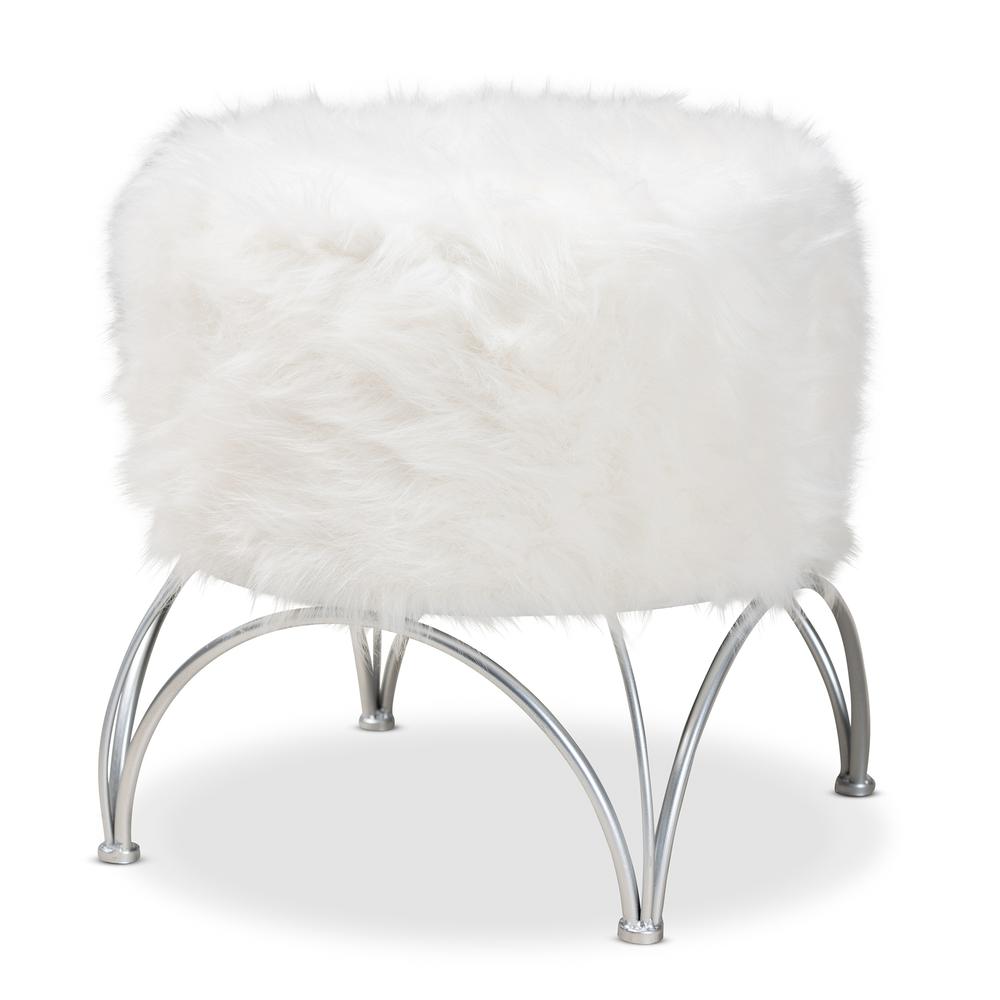 Celia Modern and Contemporary White Faux Fur Upholstered Silver Metal Ottoman. Picture 8