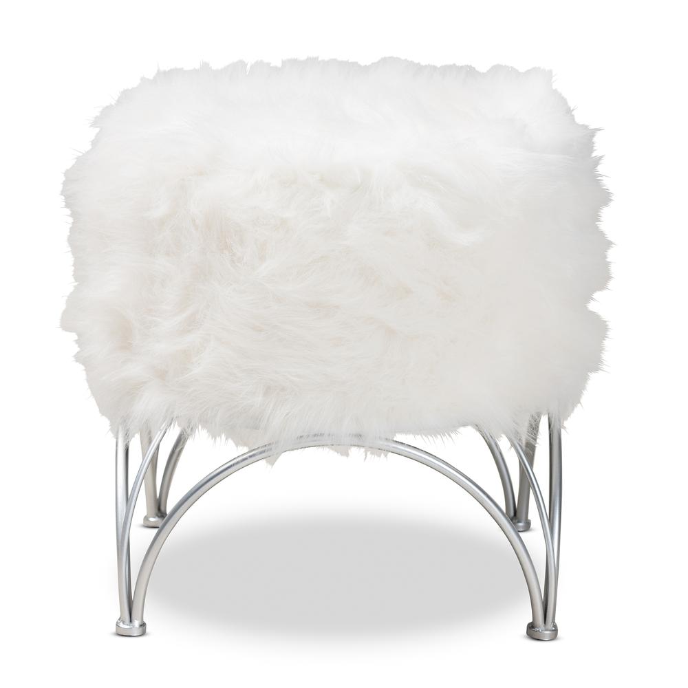 Celia Modern and Contemporary White Faux Fur Upholstered Silver Metal Ottoman. Picture 9