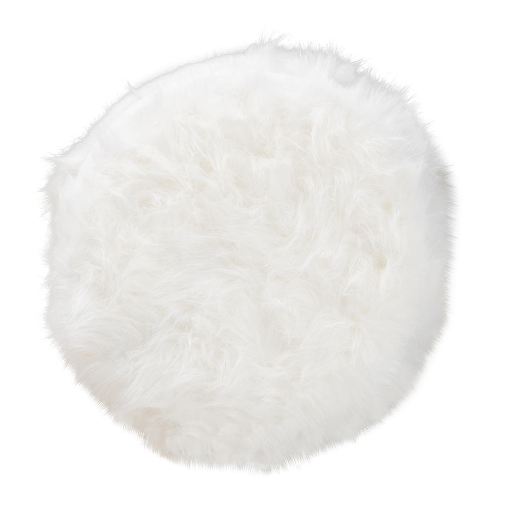 Celia Modern and Contemporary White Faux Fur Upholstered Silver Metal Ottoman. Picture 10
