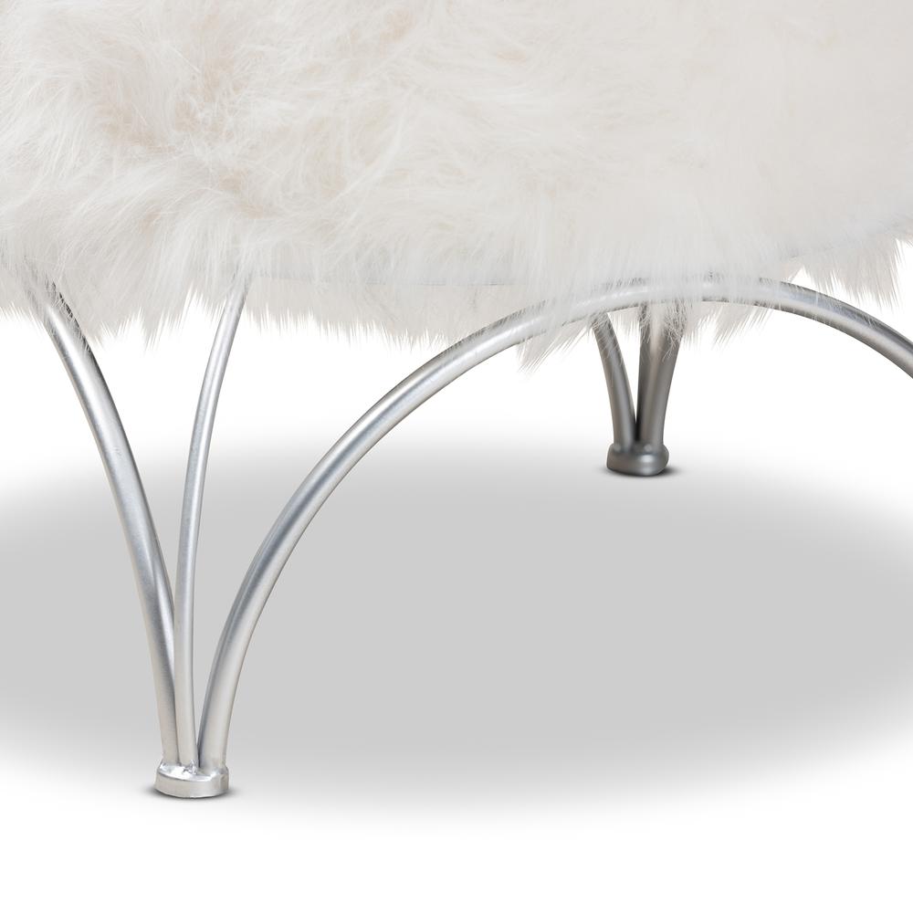 Celia Modern and Contemporary White Faux Fur Upholstered Silver Metal Ottoman. Picture 11