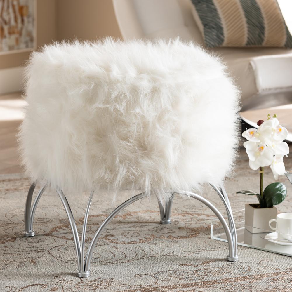Celia Modern and Contemporary White Faux Fur Upholstered Silver Metal Ottoman. Picture 12