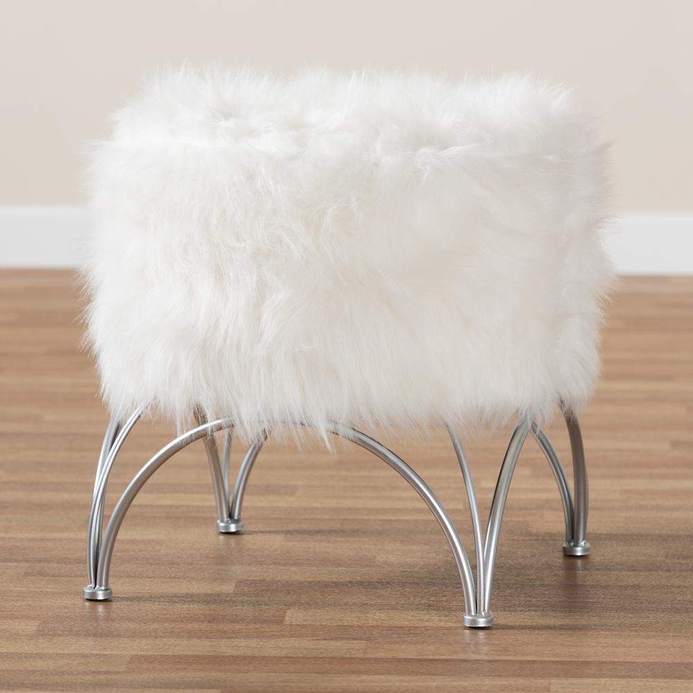 Celia Modern and Contemporary White Faux Fur Upholstered Silver Metal Ottoman. Picture 13