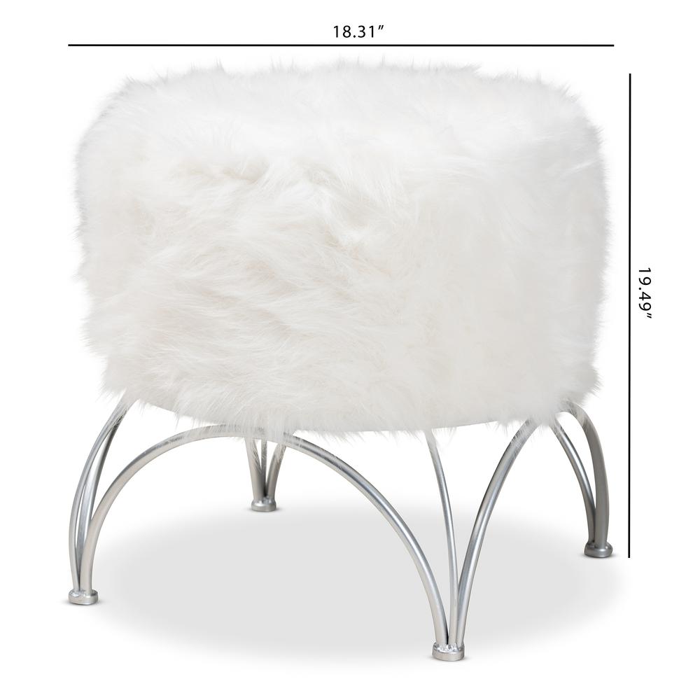 Celia Modern and Contemporary White Faux Fur Upholstered Silver Metal Ottoman. Picture 14