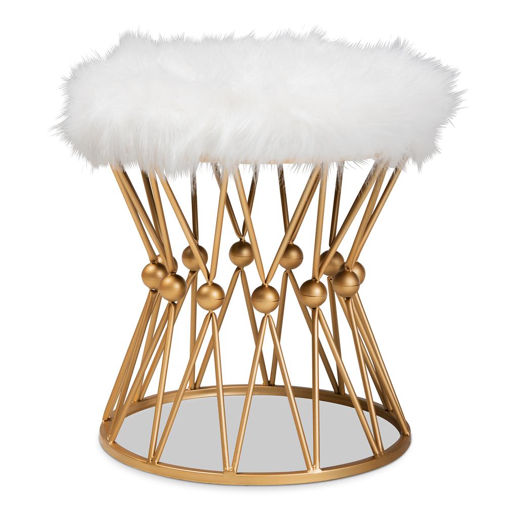 Baxton Studio Leonie Glam and Luxe White Faux Fur Upholstered Gold Finished Metal Ottoman. Picture 8