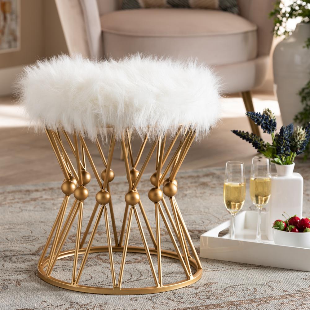 Leonie Glam and Luxe White Faux Fur Upholstered Gold Finished Metal Ottoman. Picture 10