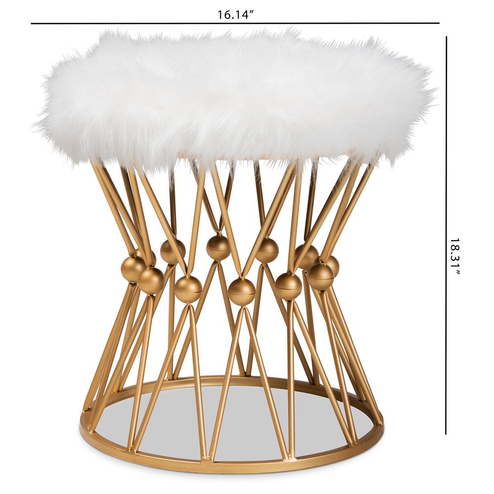 Baxton Studio Leonie Glam and Luxe White Faux Fur Upholstered Gold Finished Metal Ottoman. Picture 13