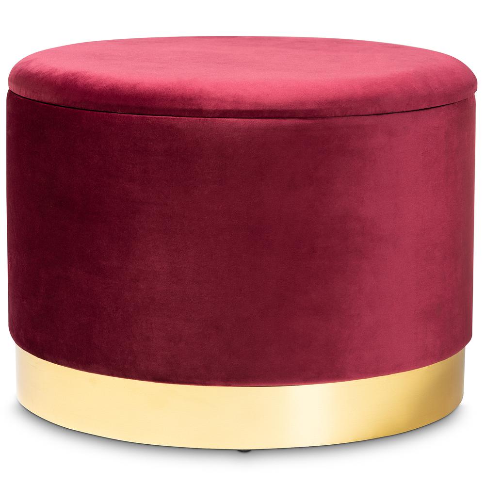 Marisa Glam and Luxe Red Velvet Fabric Upholstered Gold Finished Storage Ottoman. Picture 9