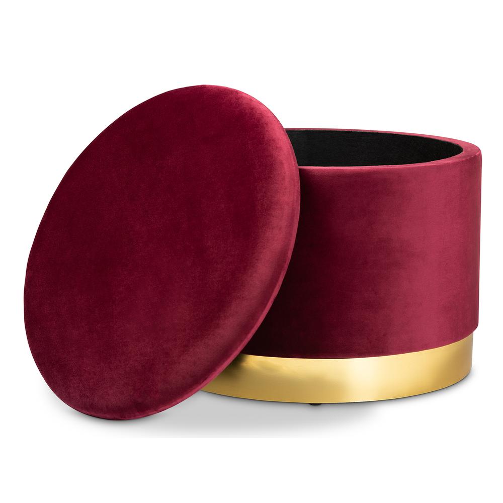 Marisa Glam and Luxe Red Velvet Fabric Upholstered Gold Finished Storage Ottoman. Picture 10