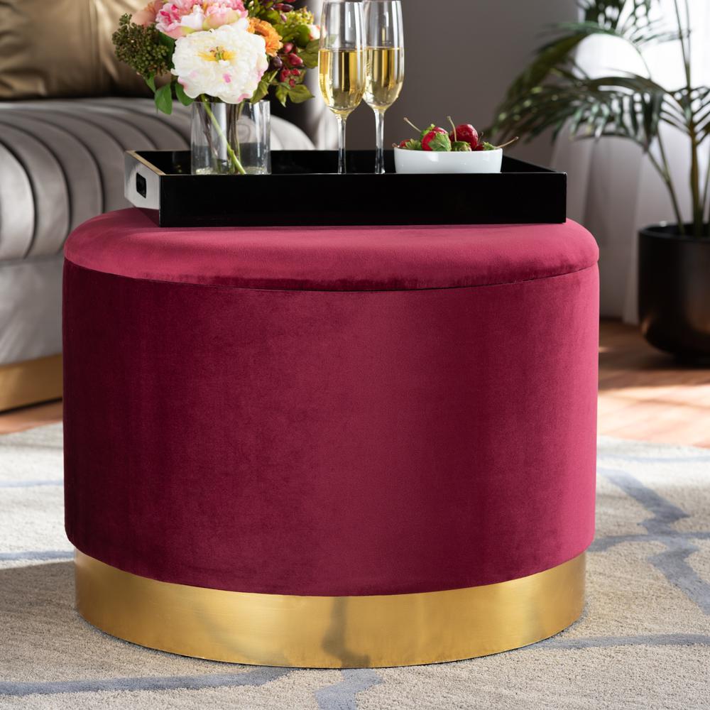 Marisa Glam and Luxe Red Velvet Fabric Upholstered Gold Finished Storage Ottoman. Picture 13