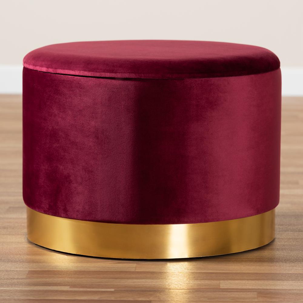 Marisa Glam and Luxe Red Velvet Fabric Upholstered Gold Finished Storage Ottoman. Picture 15