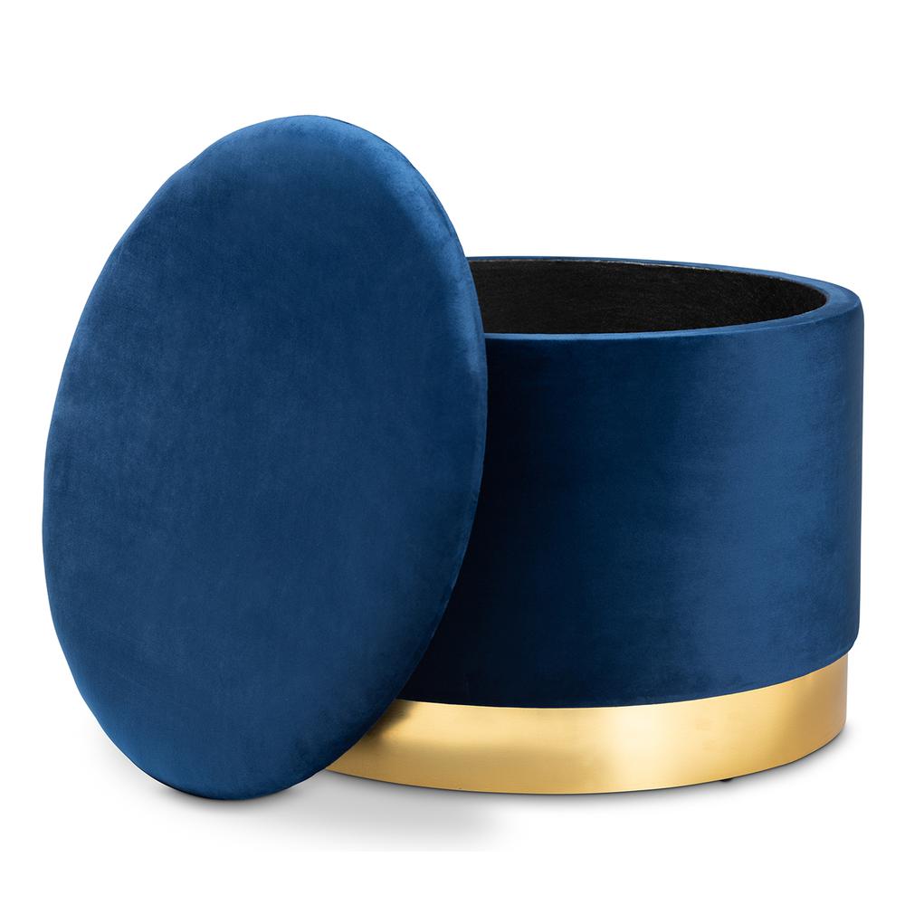 Baxton Studio Marisa Glam and Luxe Navy Blue Velvet Fabric Upholstered Gold Finished Storage Ottoman. Picture 11