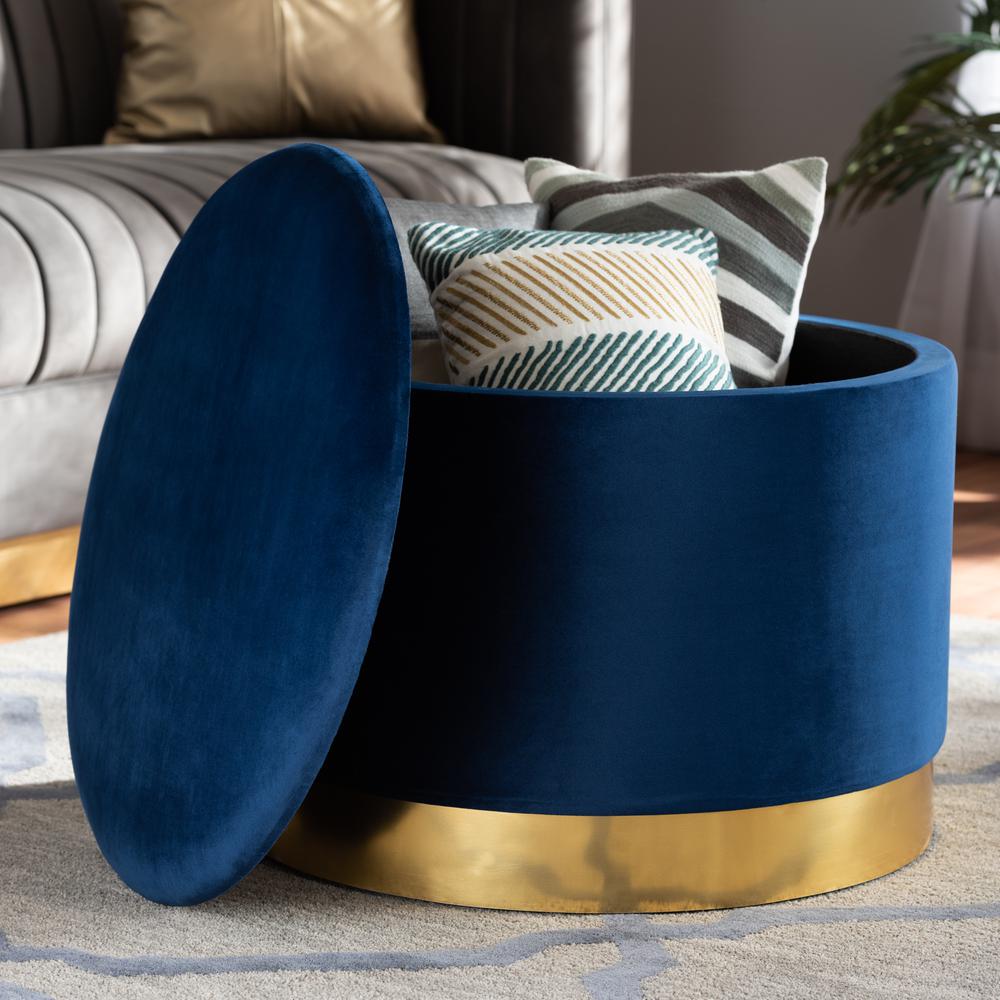Baxton Studio Marisa Glam and Luxe Navy Blue Velvet Fabric Upholstered Gold Finished Storage Ottoman. Picture 15