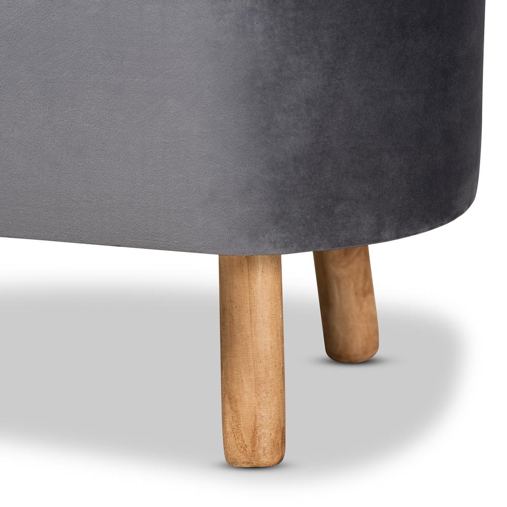 Simone Mid-Century Modern Grey Velvet Fabric Upholstered Wood Ottoman. Picture 13