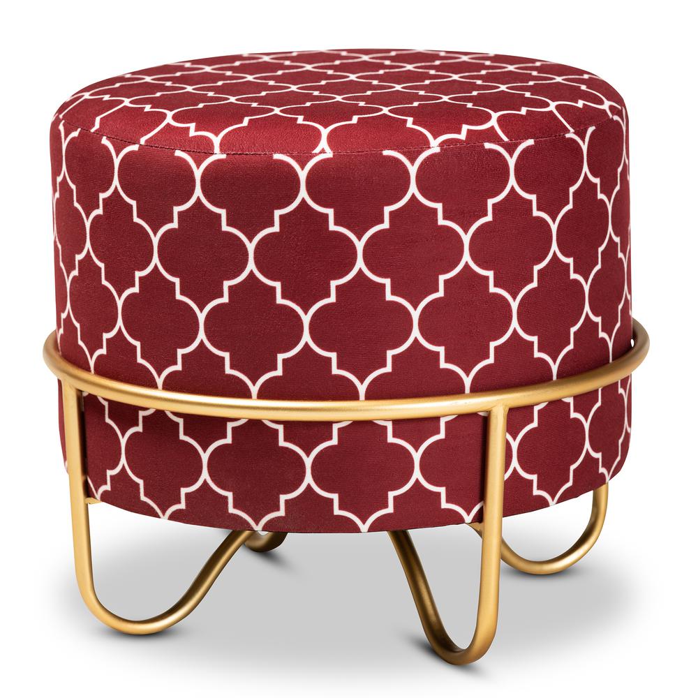 Luxe Red Quatrefoil Velvet Fabric Upholstered Gold Finished Metal Ottoman. Picture 8
