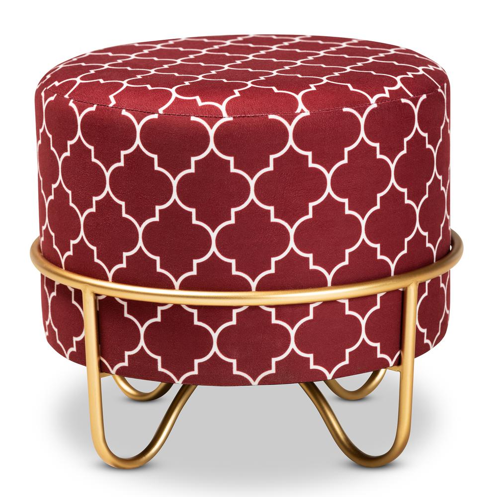 Luxe Red Quatrefoil Velvet Fabric Upholstered Gold Finished Metal Ottoman. Picture 9