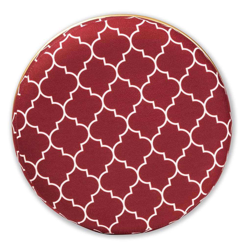 Luxe Red Quatrefoil Velvet Fabric Upholstered Gold Finished Metal Ottoman. Picture 10