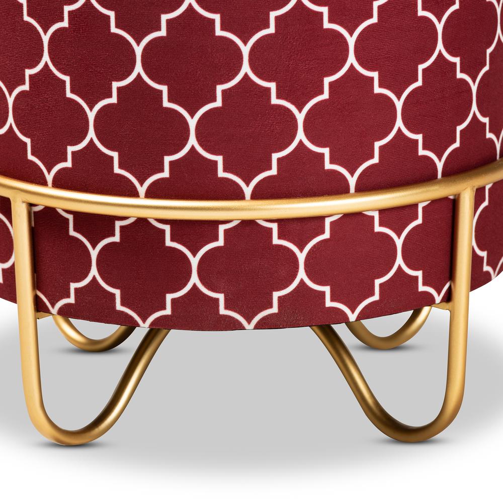 Luxe Red Quatrefoil Velvet Fabric Upholstered Gold Finished Metal Ottoman. Picture 11