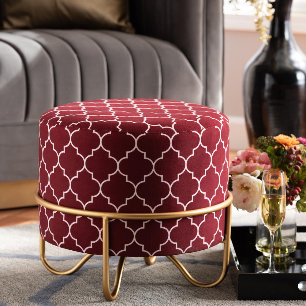 Luxe Red Quatrefoil Velvet Fabric Upholstered Gold Finished Metal Ottoman. Picture 12