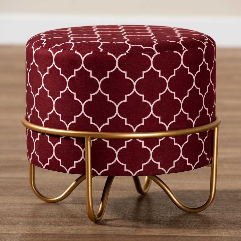 Luxe Red Quatrefoil Velvet Fabric Upholstered Gold Finished Metal Ottoman. Picture 13