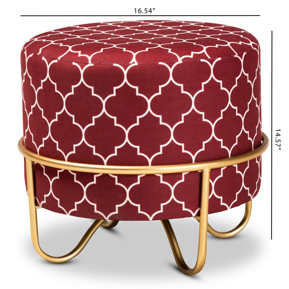Luxe Red Quatrefoil Velvet Fabric Upholstered Gold Finished Metal Ottoman. Picture 14