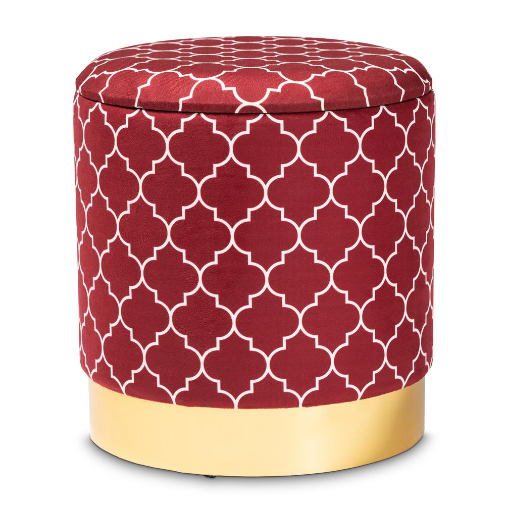 Baxton Studio Serra Glam and Luxe Red Quatrefoil Velvet Fabric Upholstered Gold Finished Metal Storage Ottoman. Picture 10