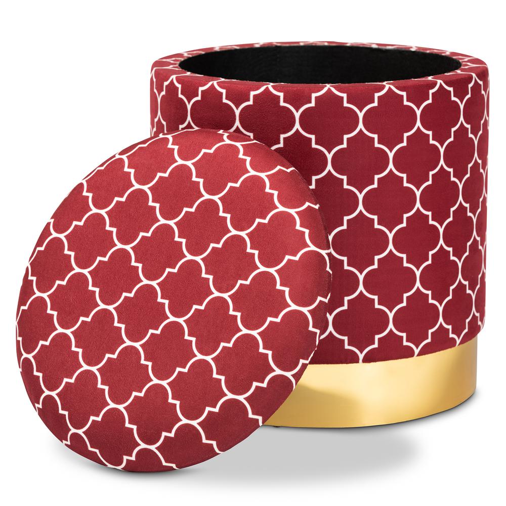 Baxton Studio Serra Glam and Luxe Red Quatrefoil Velvet Fabric Upholstered Gold Finished Metal Storage Ottoman. Picture 11