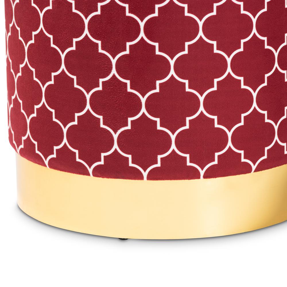 Baxton Studio Serra Glam and Luxe Red Quatrefoil Velvet Fabric Upholstered Gold Finished Metal Storage Ottoman. Picture 13