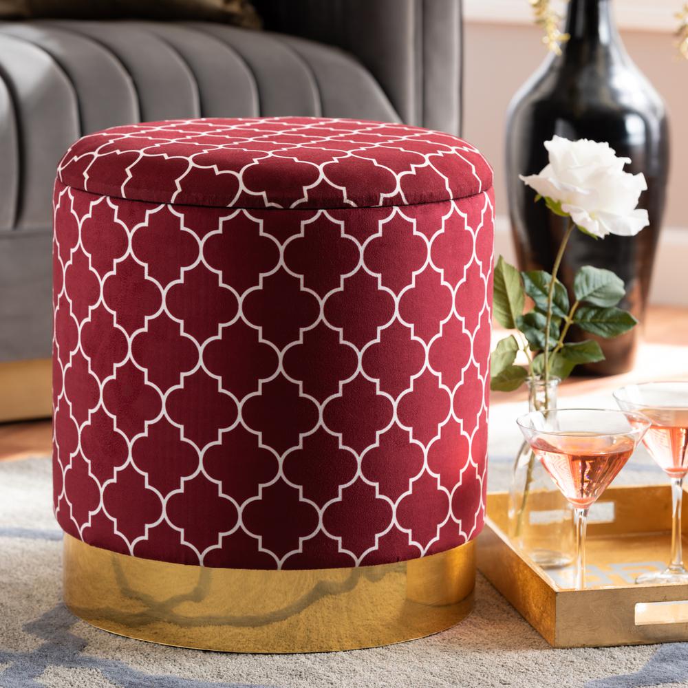 Baxton Studio Serra Glam and Luxe Red Quatrefoil Velvet Fabric Upholstered Gold Finished Metal Storage Ottoman. Picture 9
