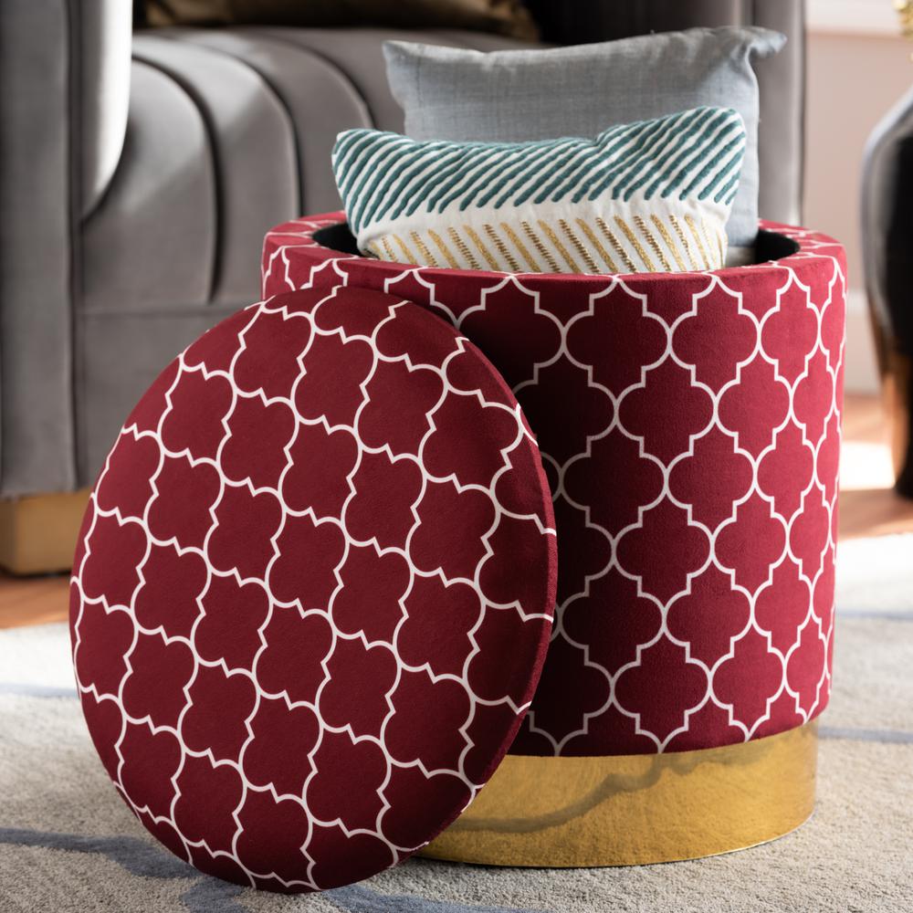 Baxton Studio Serra Glam and Luxe Red Quatrefoil Velvet Fabric Upholstered Gold Finished Metal Storage Ottoman. Picture 15