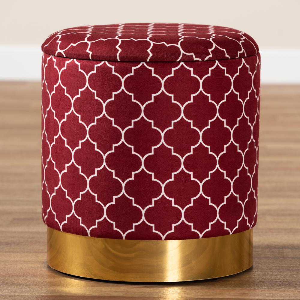 Baxton Studio Serra Glam and Luxe Red Quatrefoil Velvet Fabric Upholstered Gold Finished Metal Storage Ottoman. Picture 16