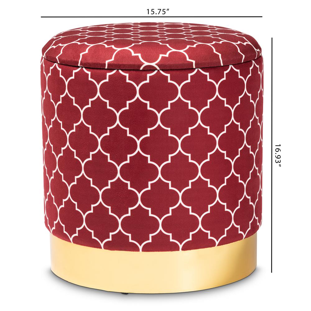 Baxton Studio Serra Glam and Luxe Red Quatrefoil Velvet Fabric Upholstered Gold Finished Metal Storage Ottoman. Picture 17