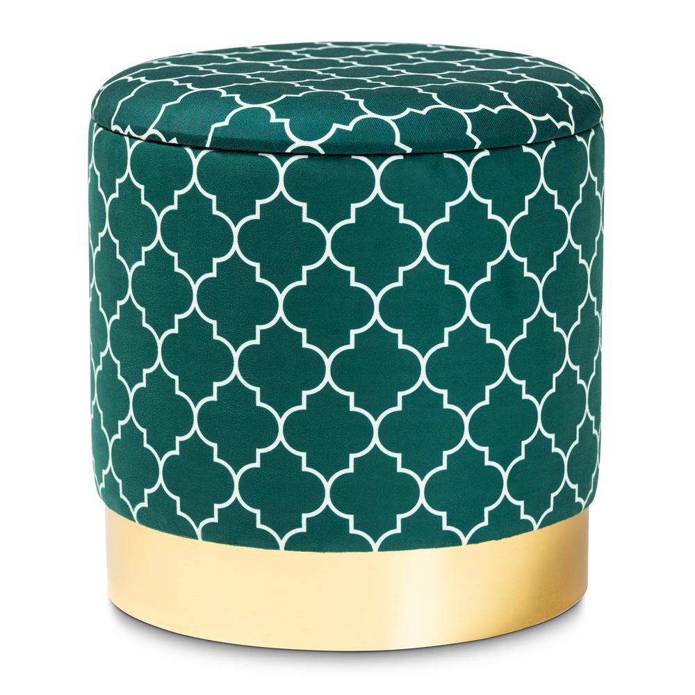 Baxton Studio Serra Glam and Luxe Teal Green Quatrefoil Velvet Fabric Upholstered Gold Finished Metal Storage Ottoman. Picture 10