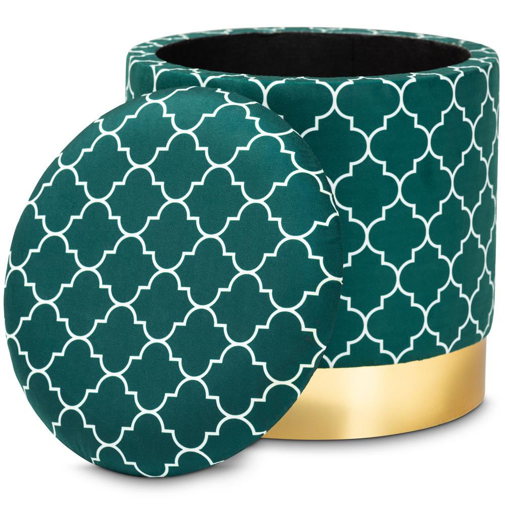 Baxton Studio Serra Glam and Luxe Teal Green Quatrefoil Velvet Fabric Upholstered Gold Finished Metal Storage Ottoman. Picture 11