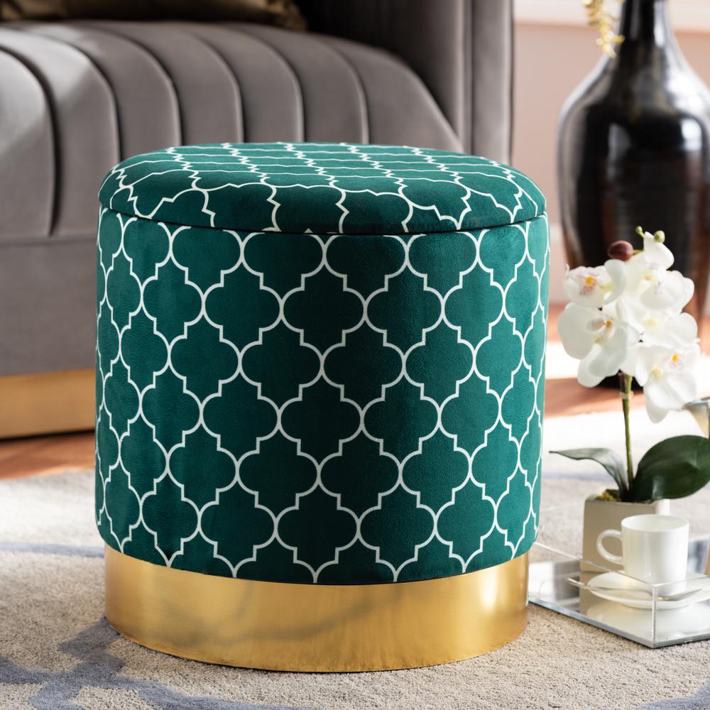Baxton Studio Serra Glam and Luxe Teal Green Quatrefoil Velvet Fabric Upholstered Gold Finished Metal Storage Ottoman. Picture 9