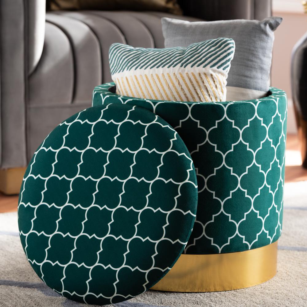 Baxton Studio Serra Glam and Luxe Teal Green Quatrefoil Velvet Fabric Upholstered Gold Finished Metal Storage Ottoman. Picture 15