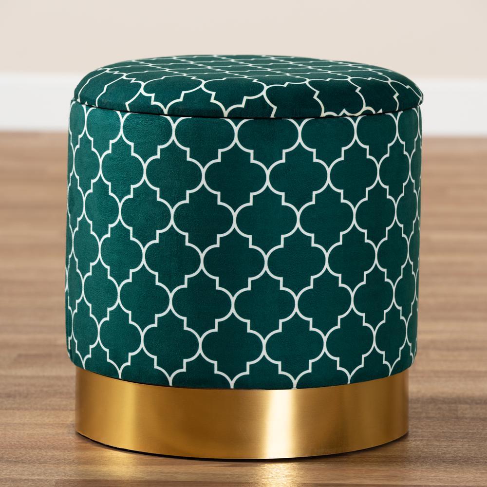 Baxton Studio Serra Glam and Luxe Teal Green Quatrefoil Velvet Fabric Upholstered Gold Finished Metal Storage Ottoman. Picture 16
