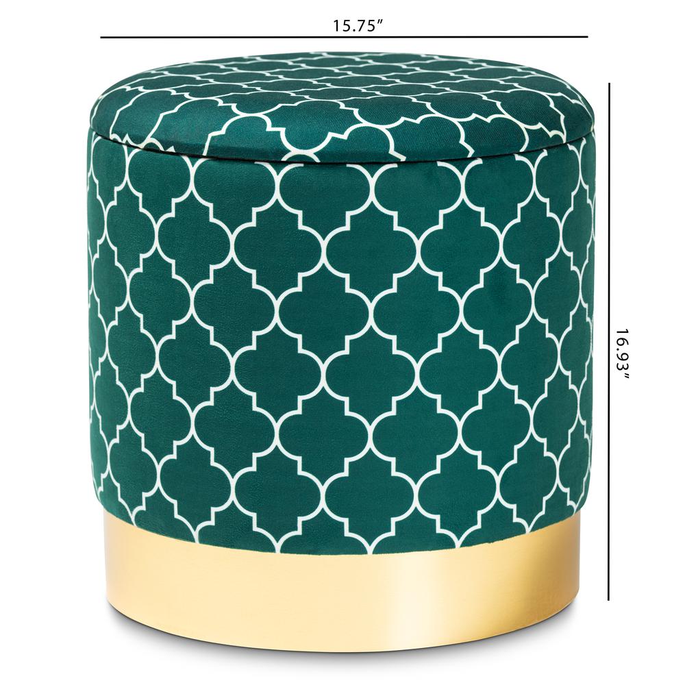 Baxton Studio Serra Glam and Luxe Teal Green Quatrefoil Velvet Fabric Upholstered Gold Finished Metal Storage Ottoman. Picture 17